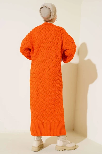 Boydan Düğmeli Sepet Örgü Uzun Hırka Oranj - Resim 3