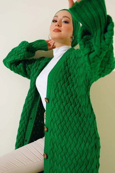 Boydan Düğmeli Sepet Örgü Uzun Hırka Yeşil ürün görseli