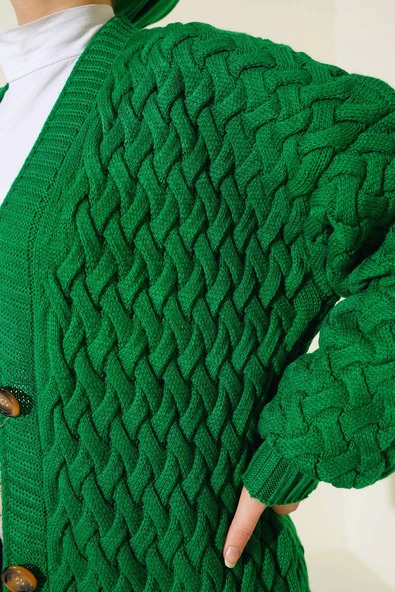 Boydan Düğmeli Sepet Örgü Uzun Hırka Yeşil - Resim 4