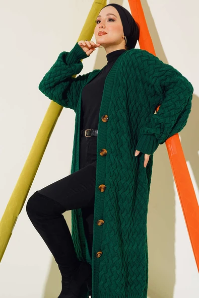 Boydan Düğmeli Sepet Örgü Uzun Hırka Zümrüt Yeşili ürün görseli