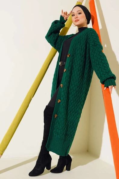 Boydan Düğmeli Sepet Örgü Uzun Hırka Zümrüt Yeşili - Resim 2