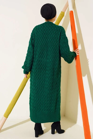 Boydan Düğmeli Sepet Örgü Uzun Hırka Zümrüt Yeşili - Resim 3