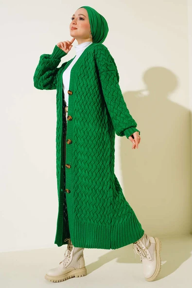 Boydan Düğmeli Sepet Örgü Uzun Hırka Yeşil - Resim 2