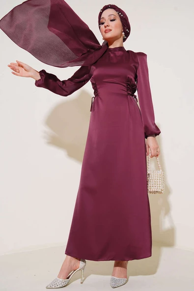 Yanları İp Detaylı Saten Elbise Bordo ürün görseli 1