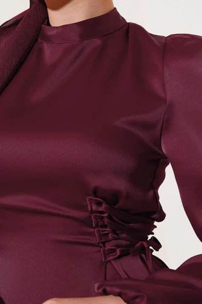 Yanları İp Detaylı Saten Elbise Bordo - Resim 4