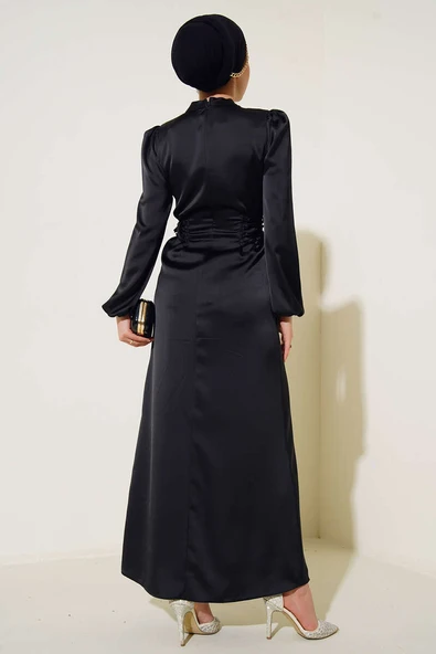 Yanları İp Detaylı Saten Elbise Siyah - 3