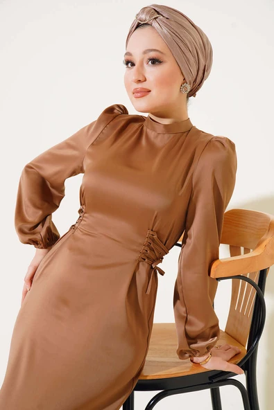 Yanları İp Detaylı Saten Elbise Taba ürün görseli 1