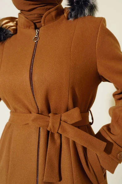 Kapüşonlu Kaşe Kaban Taba - 4