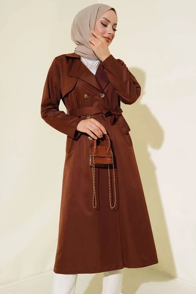 Sekiz Düğmeli Kuşaklı Trençkot Kahve