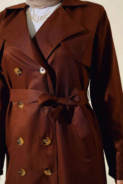 Sekiz Düğmeli Kuşaklı Trençkot Kahve - 4