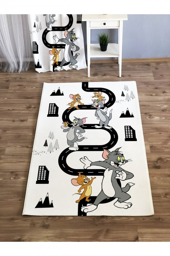 Tom Ve Jerry Desen Baskılı 7mm Bebek Ve Çocuk Odası Halısı - Beyaz - 1
