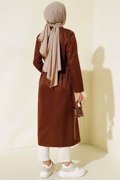 Sekiz Düğmeli Kuşaklı Trençkot Kahve - 3