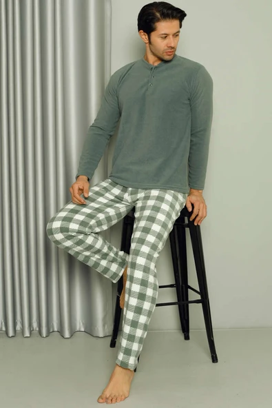 Düğme Yakalı Doğalgaz Faturası Düşüren Erkek Pijama Takımı Haki - Resim 2