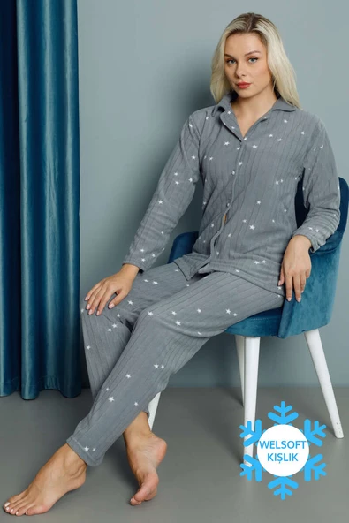 Yıldız Desenli Welsoft Kışlık Pijama Takımı İndigo