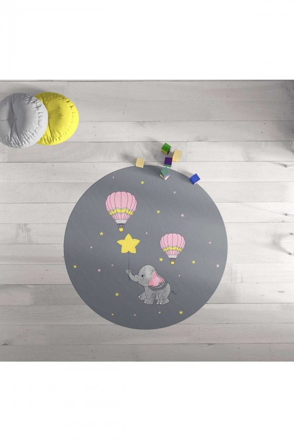Pembe Uçan Balonlar Fil Yuvarlak Baskı Halı Modeli Yc497 - 1