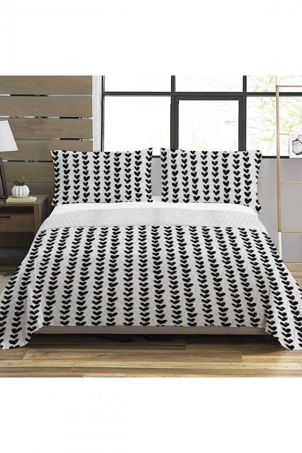 Siyah Kalp Desen Çift Kişilik Baskılı Pike (200x220 Cm) Beyaz