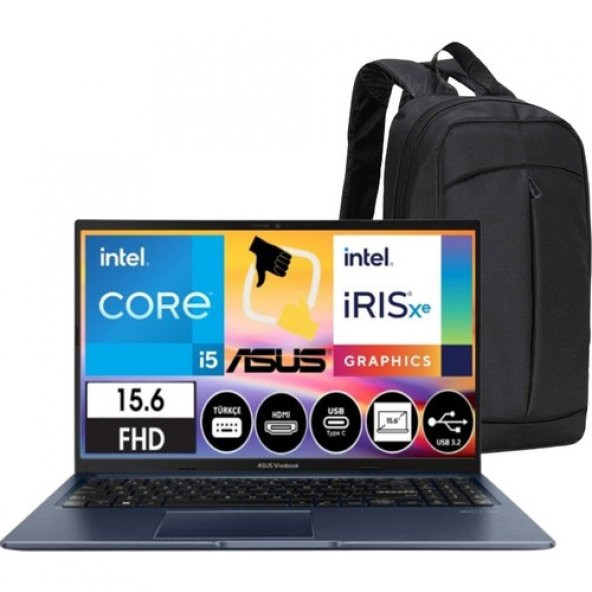 Asus Vivobook-15 X1504ZA-BQ322 Intel Core I5 1235U 16GB 512GB SSD 15.6" Fhd IPS Windows 11 Pro Lacivert Dizüsütü Bilgisayar Çanta Hediyeli