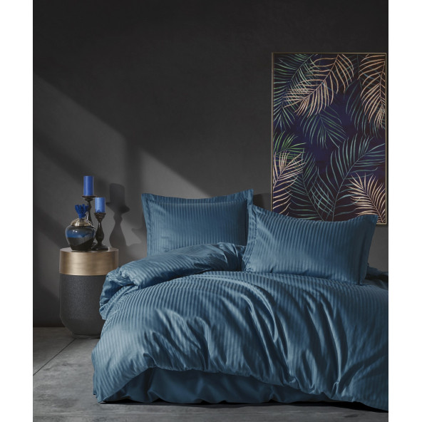 Elegant Stripe Saten Çift Kişilik Nevresim Takımı Mavi