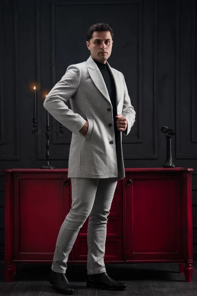 Advante Slimfit Kırlangıç Yaka Düğme Kapamalı Erkek Kaşe Kaban - 12