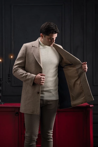 Advante Slimfit Kırlangıç Yaka Düğme Kapamalı Erkek Kaşe Kaban - 2