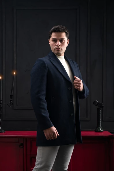 Advante Slimfit Kırlangıç Yaka Düğme Kapamalı Erkek Kaşe Kaban - 9