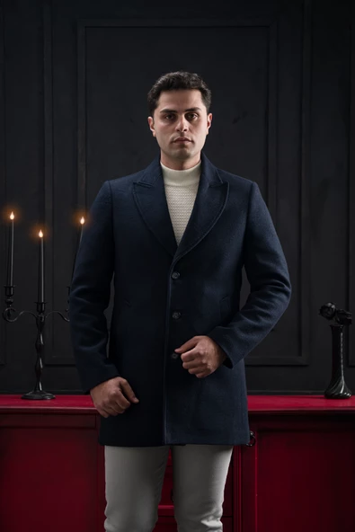 Advante Slimfit Kırlangıç Yaka Düğme Kapamalı Erkek Kaşe Kaban - 8