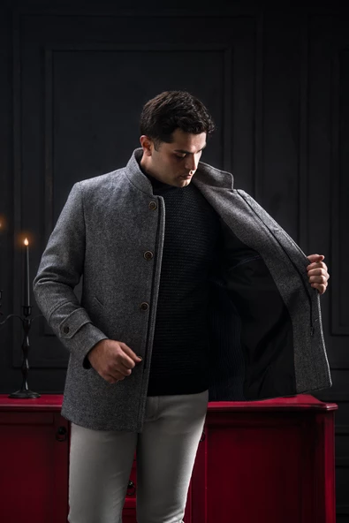 Advante Slimfit Dik Yaka Kendinden Çizgili Düğme Ve Fermuar Kapamalı Erkek Kaban - 2