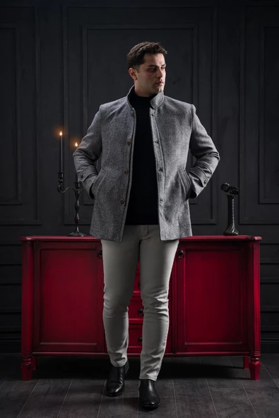 Advante Slimfit Dik Yaka Kendinden Çizgili Düğme Ve Fermuar Kapamalı Erkek Kaban - 3