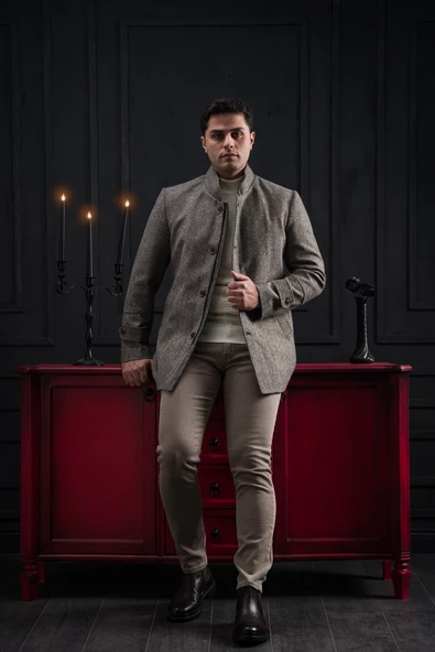 Advante Slimfit Dik Yaka Kendinden Çizgili Düğme Ve Fermuar Kapamalı Erkek Kaban - 12