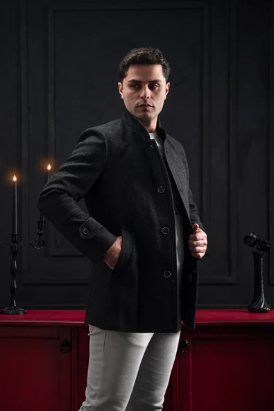 Advante Slimfit Dik Yaka Kendinden Çizgili Düğme Ve Fermuar Kapamalı Erkek Kaban - 9