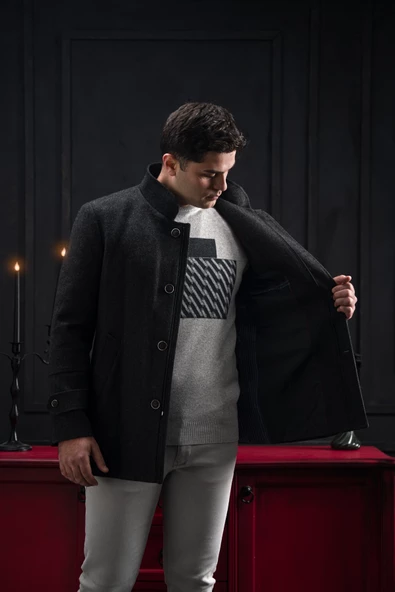 Advante Slimfit Dik Yaka Kendinden Çizgili Düğme Ve Fermuar Kapamalı Erkek Kaban - 8