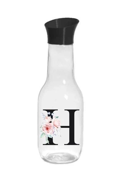 Cam 1 Lt Harfli Çiçek Desenli Kapaklı Buzdolabı Şişesi Sürahisi - 5