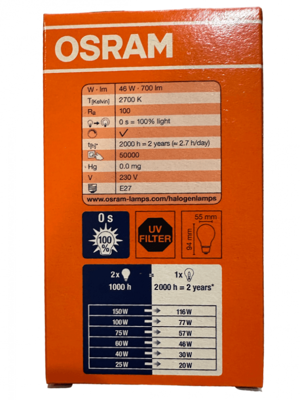 Osram 64543 46W (60W) 2700K (Sarı Işık) E27 Duylu Eski Tip Ampul