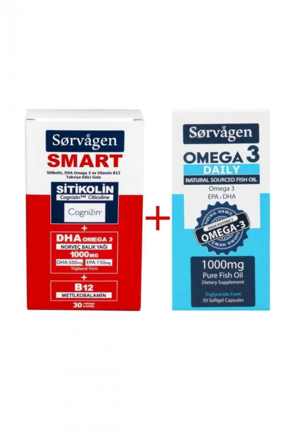 Smart Sitikolin Dha Omega 3, B12 30 Kapsül Ve Omega 3 Daily Saf Balık Yağı, 50 Kapsül, 1000 Mg