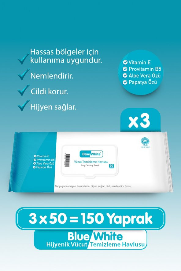 Yetişkin Hasta Vücut Temizleme Mendil 3lü Set 50 Yaprak