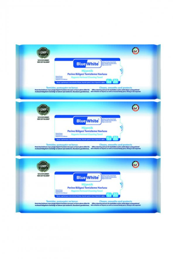 Blue White Antibakteriyel Perine Bölgesi Vücut Temizleme Havlusu Mendili 50li 3 Paket 150 Kullanım