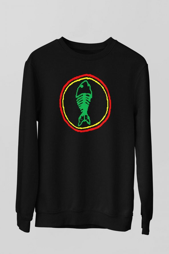 Fishbone Baskılı Unisex Siyah Sweatshirt