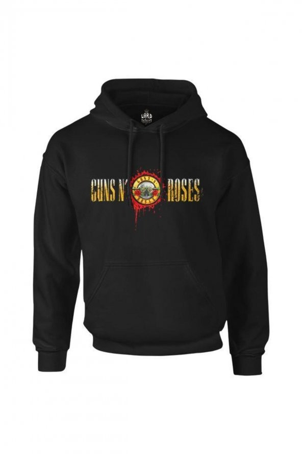 Erkek Siyah Guns N Roses Drops Logo Fermuarsız Kapşonlu