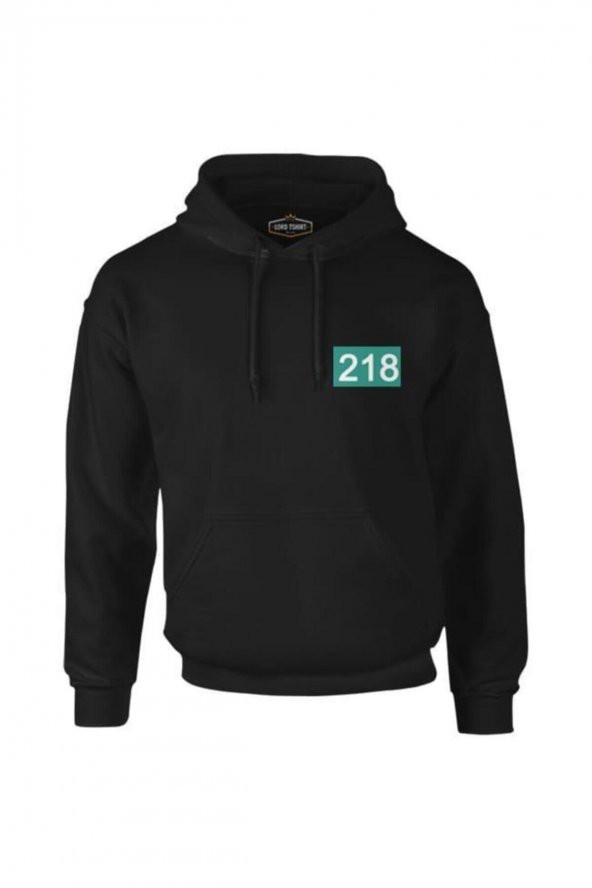 Squid Game Number 218 Göğüs Logo Siyah Erkek Fermuarsız Kapşonlu