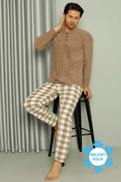 Düğme Yakalı Doğalgaz Faturası Düşüren Erkek Pijama Takımı Vizon ürün görseli 1