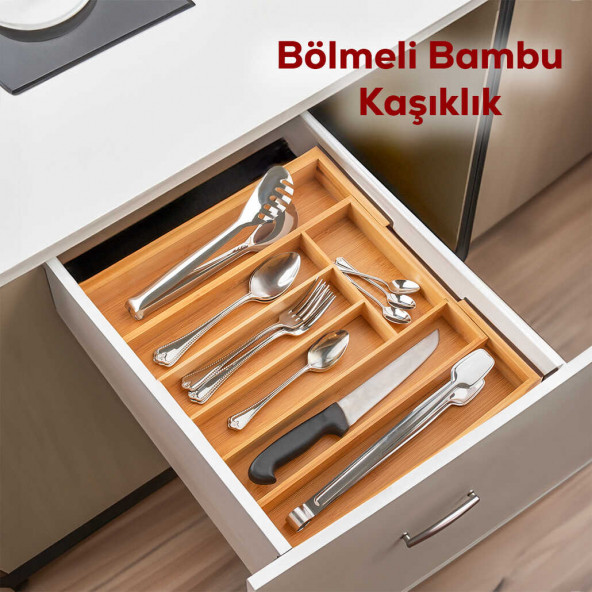 Porsima Ölçü Ayarlı 5-7 Bölmeli Bambu Kaşıklık - Çekmece İçi Tezgah Üstü Kaşıklık Organizer