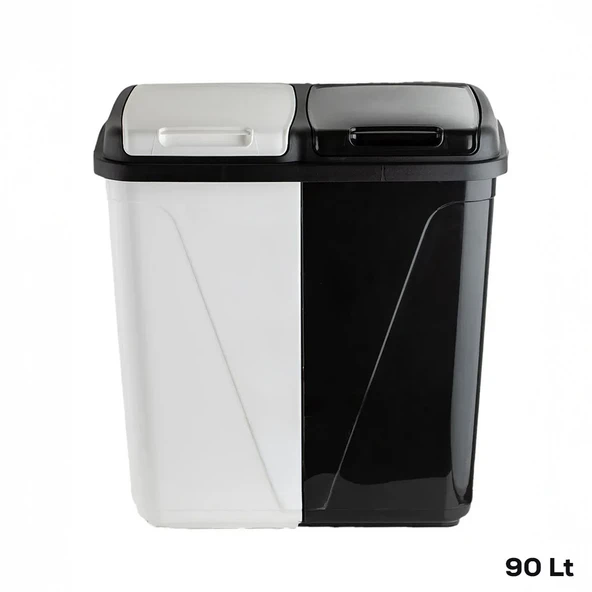 Porsima 0047 90 Litre Çift Gözlü Çamaşır Sepeti Siyah Beyaz-İki Bölmeli Kirli Sepeti - 2