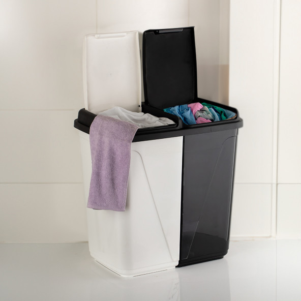 Porsima 0047 90 Litre Çift Gözlü Çamaşır Sepeti Siyah Beyaz-İki Bölmeli Kirli Sepeti