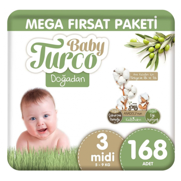 Baby Turco Doğadan 3 Beden Midi 168'li Bebek Bezi