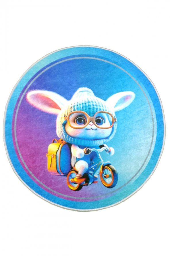 Dijital Baskılı Gözlüklü ve Çantalı Bisikletli Şapkalı Tavşanlı Çocuk Dekoratif Banyo PasPası 