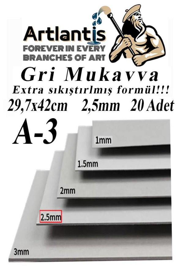 A3 Mukavva Gri 2.5 mm 20 Adet 1 Paket 29.7x42 cm A-3 Mukavva 2,5 mm Kalınlığında A-3 Mukavva
