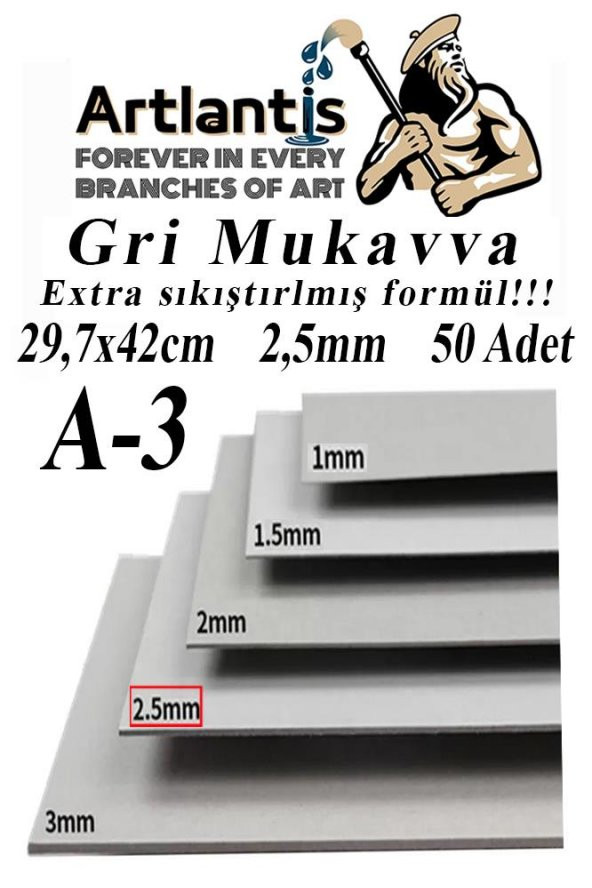 A3 Mukavva Gri 2.5 mm 50 Adet 1 Paket 29.7x42 cm A-3 Mukavva 2,5 mm Kalınlığında A-3 Mukavva