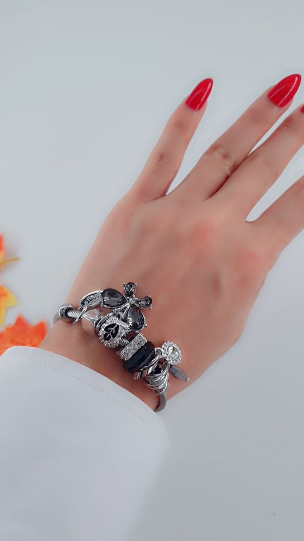 Kadın Charm  Kelebek Çelik Bileklik Siyah Renk - 5