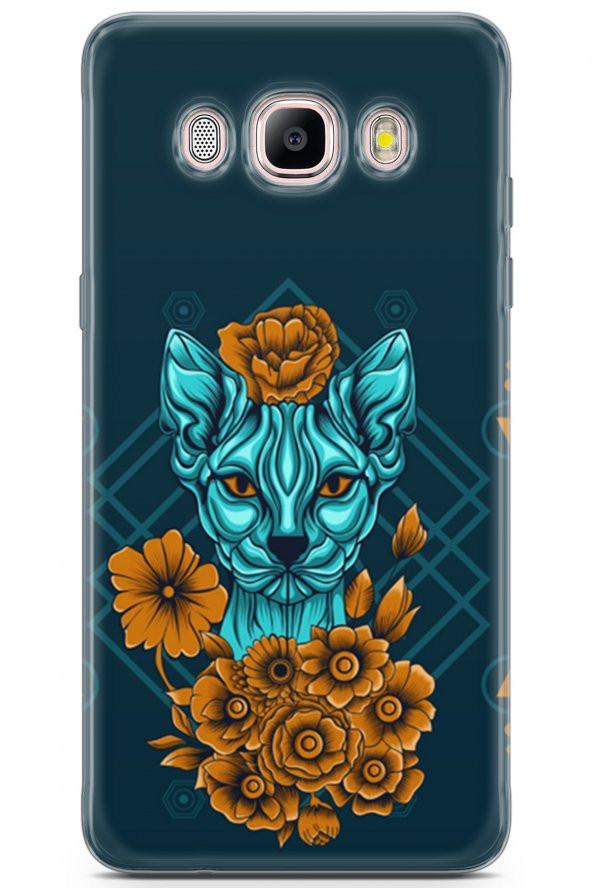 Samsung Galaxy J5 Uyumlu Kılıf Sfenks 13 Yeşil Kedi Case Kapak Mavi