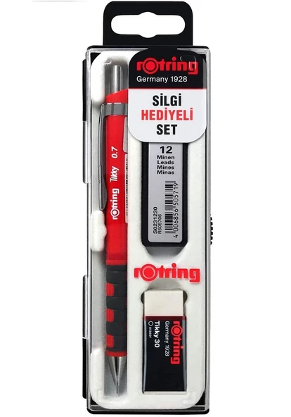Rotring Tikky Okul Seti 0.7 mm Versatil Kalem + Silgi + Uç  Kırmızı